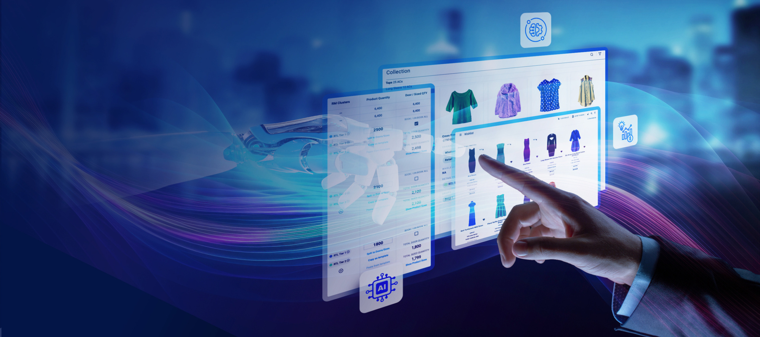 A person interacts with a digital interface showing a virtual clothing collection, including shirts and dresses. The AI-powered interface has futuristic design elements and holographic features with various icons and options visible. The background is in shades of blue.