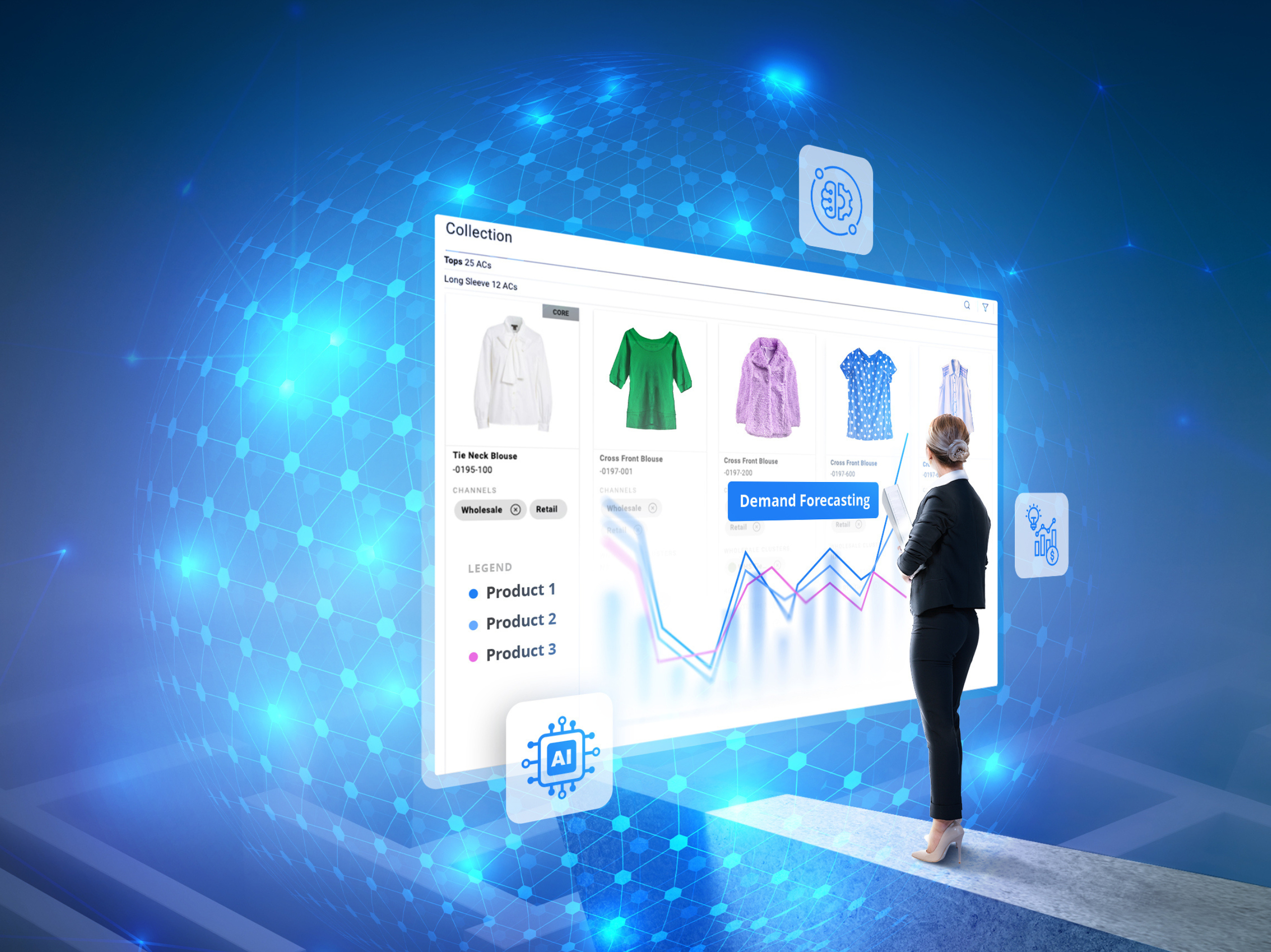 Woman looking at inventory and progress in a Centric Software tool.